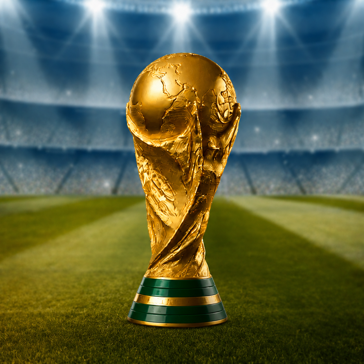 FIFA World Cup trophy in a stadium under bright lights